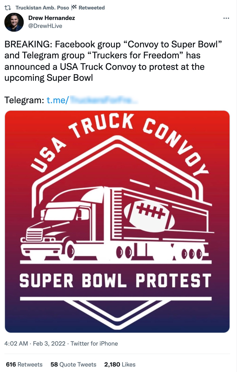 Jack Posobiec retweeted Drew Hernandez's post urging users Telegram convoy group