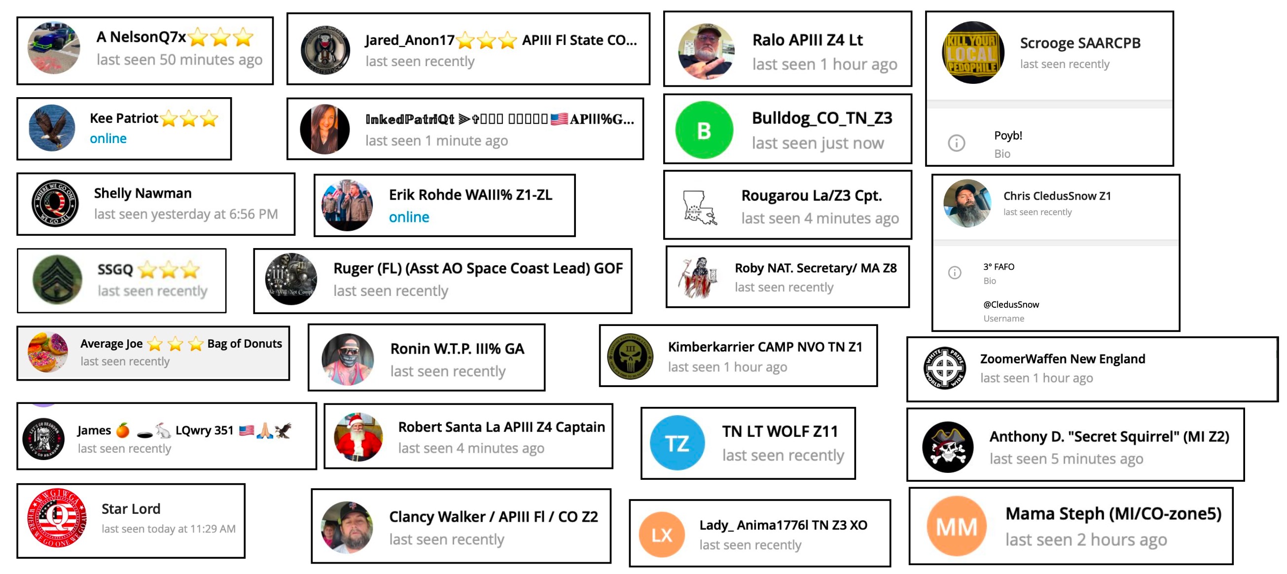 User profiles of some III%er, QAnon, Proud Boy, militia, and white supremacist members of Telegram convoy groups