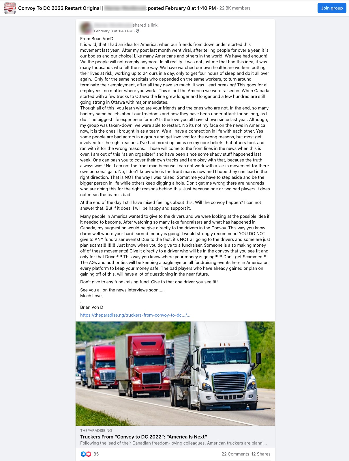 Facebook post of message from Brian Von D claiming he is no longer affiliated with the convoy