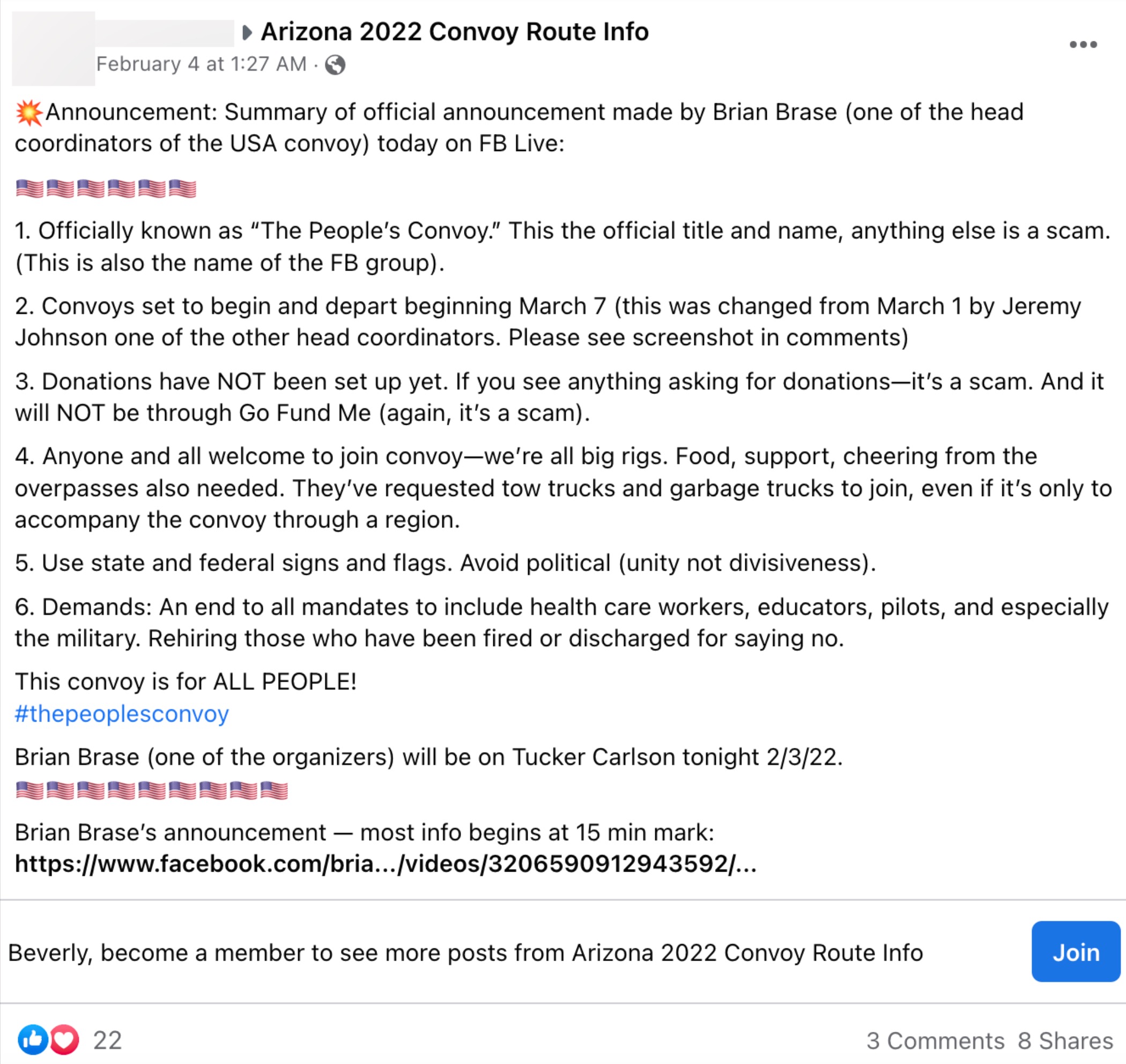 Facebook post making various announcements about Brian Brase's "The People's Convoy"