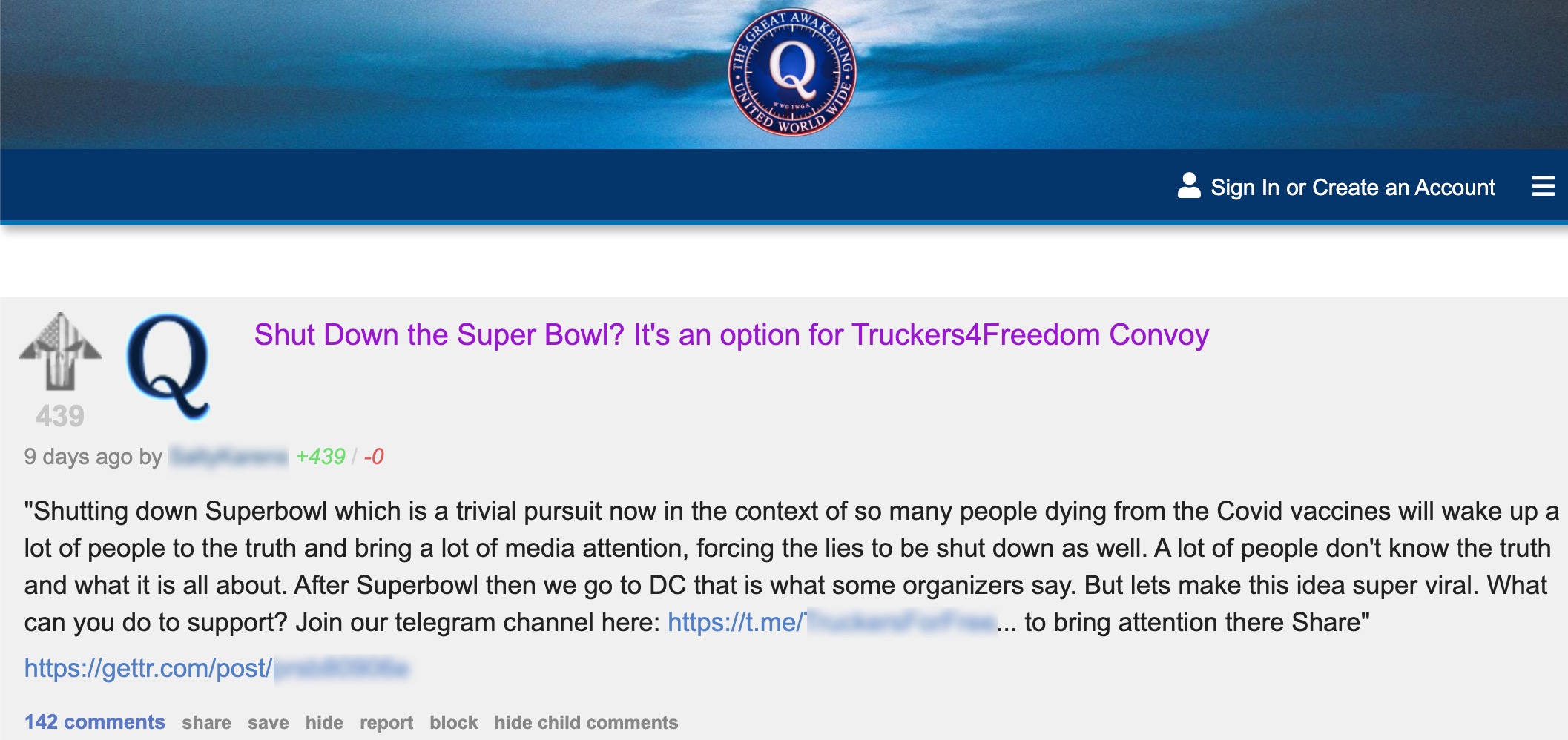 A user post on QAnon forum GreatAwakening.win directing users to join a convoy Telegram channel