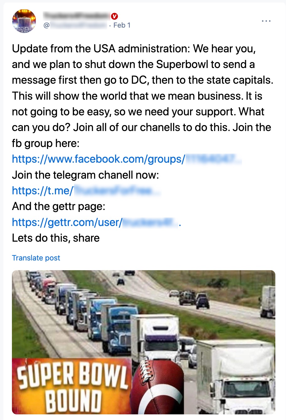 Convoy account on GETTR directs users to Telegram convoy group
