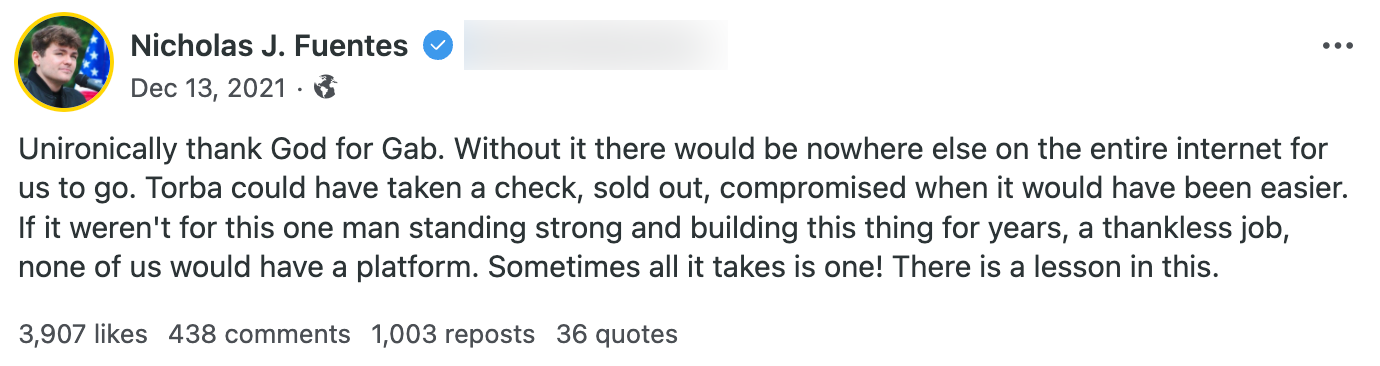 Fuentes thank God for Gab post