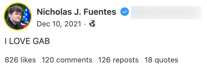 Fuentes lauding Gab post1