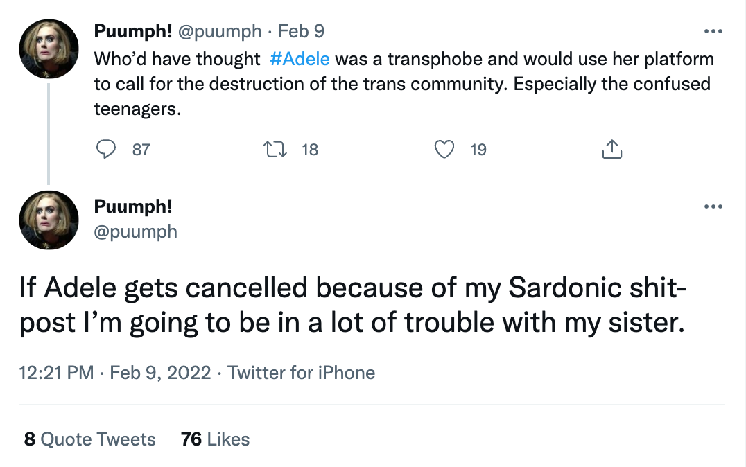 Who’d have thought  #Adele was a transphobe and would use her platform to call for the destruction of the trans community. Especially the confused teenagers.