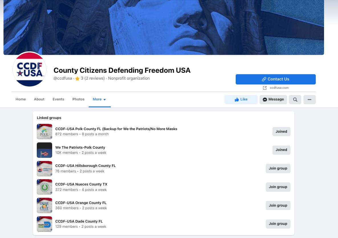 image of facebook page and 6 affiliated groups