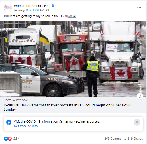 Women for America First promotes the Canadian trucker convoy