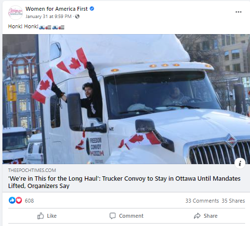 Women for America First promotes the Canadian trucker convoy