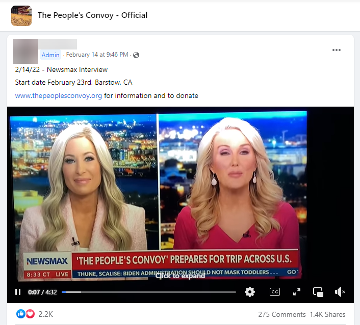 FB post from "The People's Convoy", admin posting a video of the NewsMax interview where they announce the February 23 date