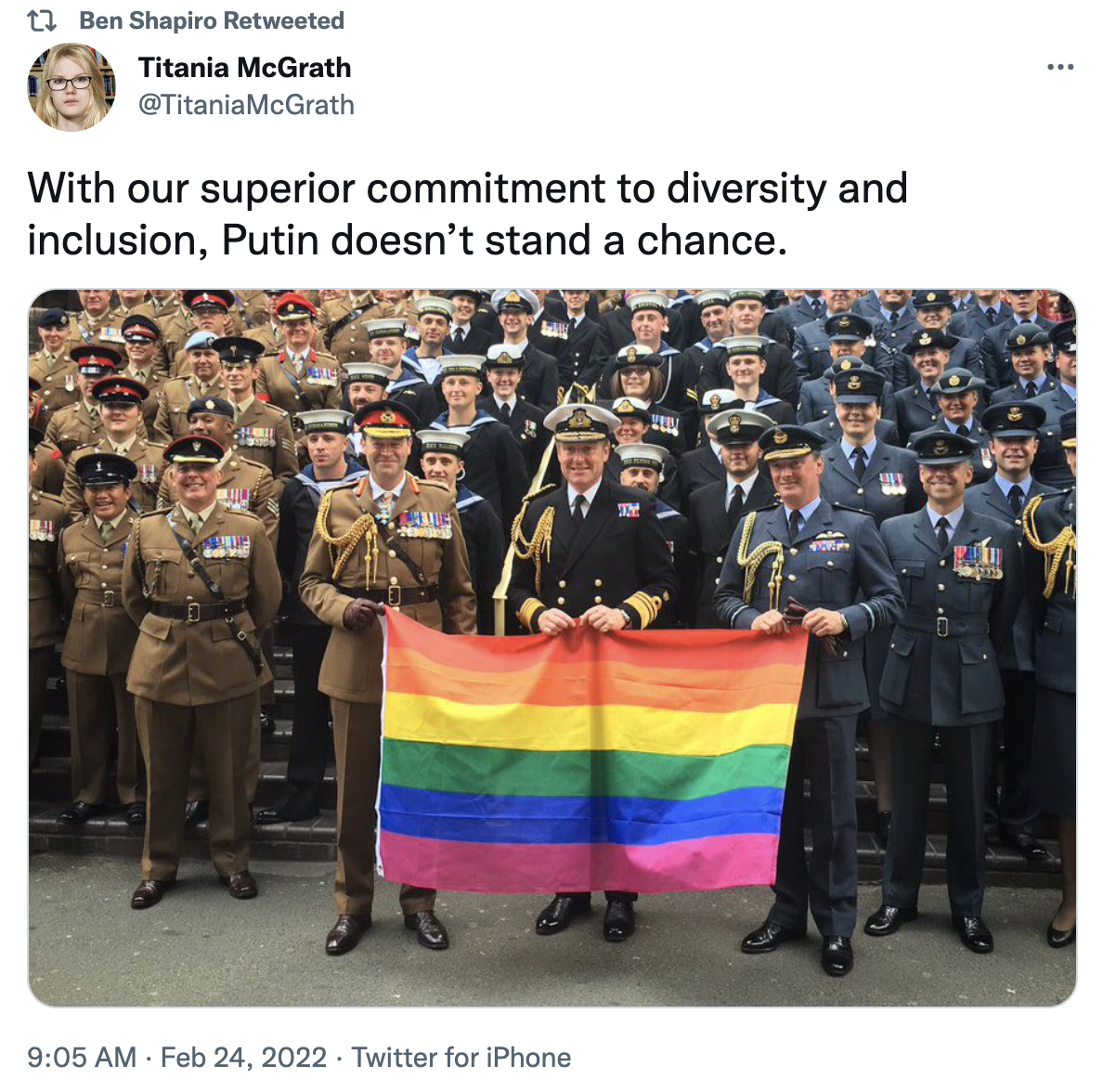 Daily Wire founder Ben Shapiro retweeted a photo of US military personnel holding a pride flag with the caption, “With our superior commitment to diversity and inclusion, Putin doesn’t stand a chance.”