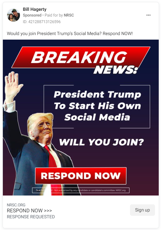 Bill Hagerty Facebook ad asking users if they'll join Trump's social media