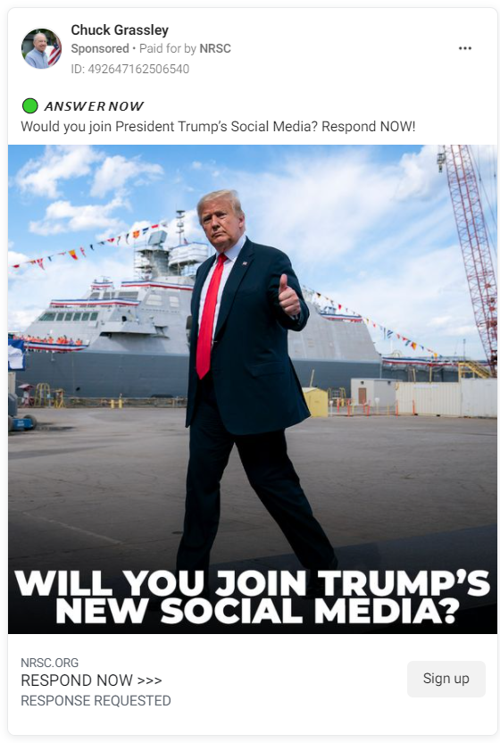 Chuck Grassley Facebook ad asking users if they'll "join Trump's new social media"