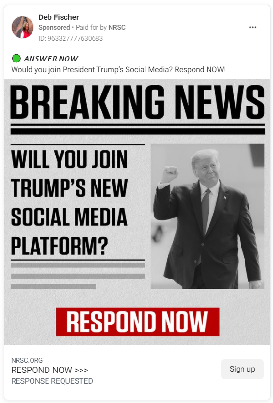 Deb Fischer Facebook ad asking users if they'll join Trump's new social media