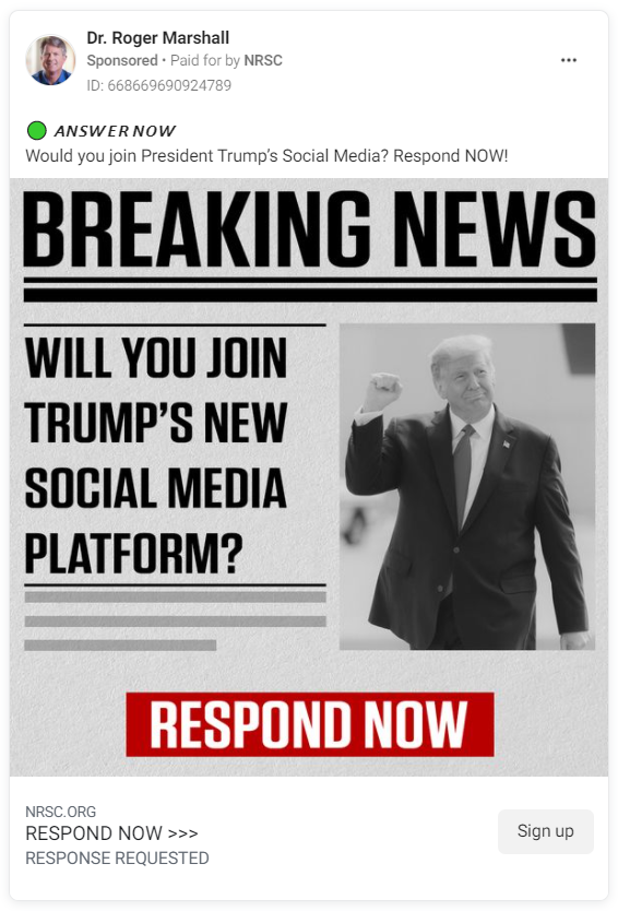 Dr Roger Marshall Facebook ad asking users if they'll "join Trump's social media"