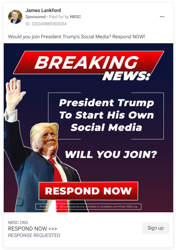 James Lankford Facebook ad asking users if they'll "join Trump's social media"