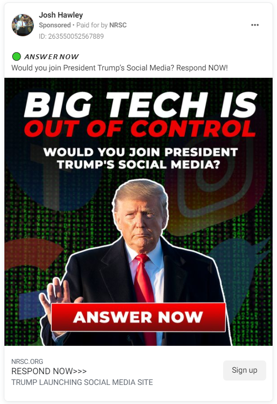 Josh Hawley Facebook ad saying Big Tech is out of control