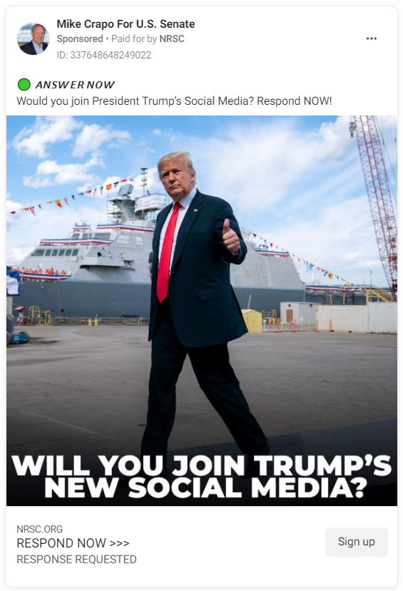 Mike Crapo for US Senate Facebook ad asking users if they'll "join Trump's new social media"