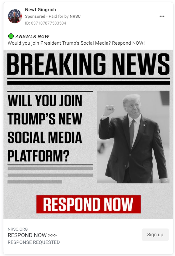 Newt Gingrich Facebook ad asking users if they'll join Trump's social media platform