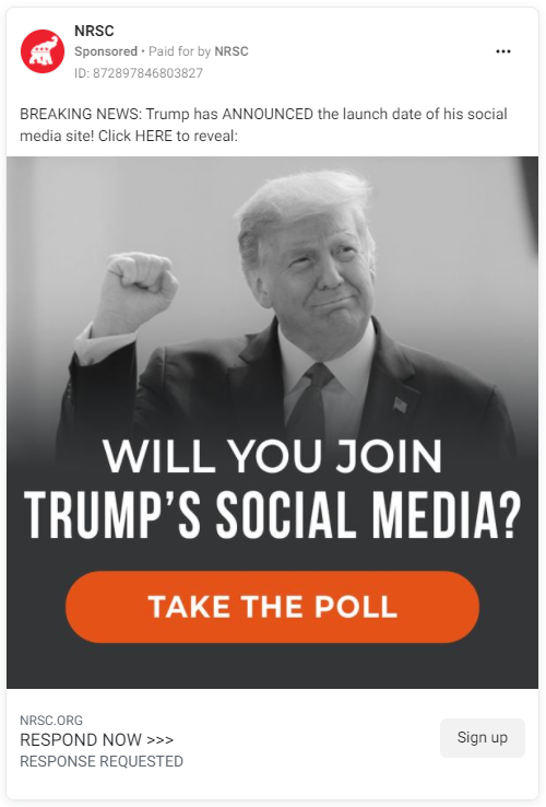 NRSC Facebook ad asking users if they'll "join Trump's social media"