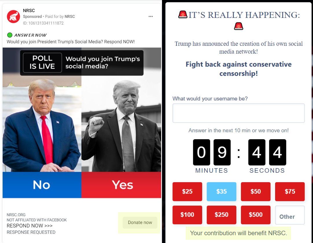 Truth Social NRSC Facebook ad leading to webpage asking for donations