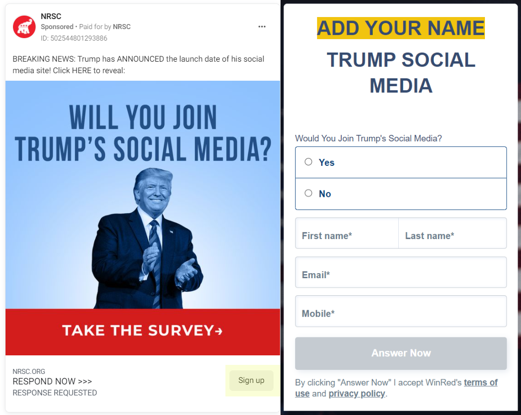 Truth Social NRSC Facebook ad leading to webpage asking for user information