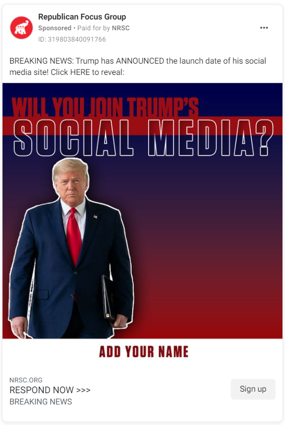 Republican Focus Group Facebook ad asking users if they'll "join Trump's social media"
