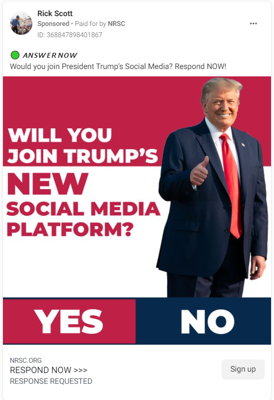 Rick Scott Facebook ad asking users if they'll join Trump's new social media platform