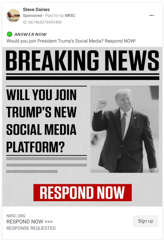 Steve Daines Facebook ad asking users if they'll join Trump's social media platform