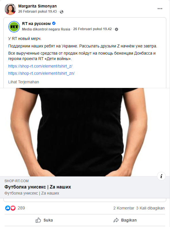 Russian post by Margarita Simonyan spreading disinformation