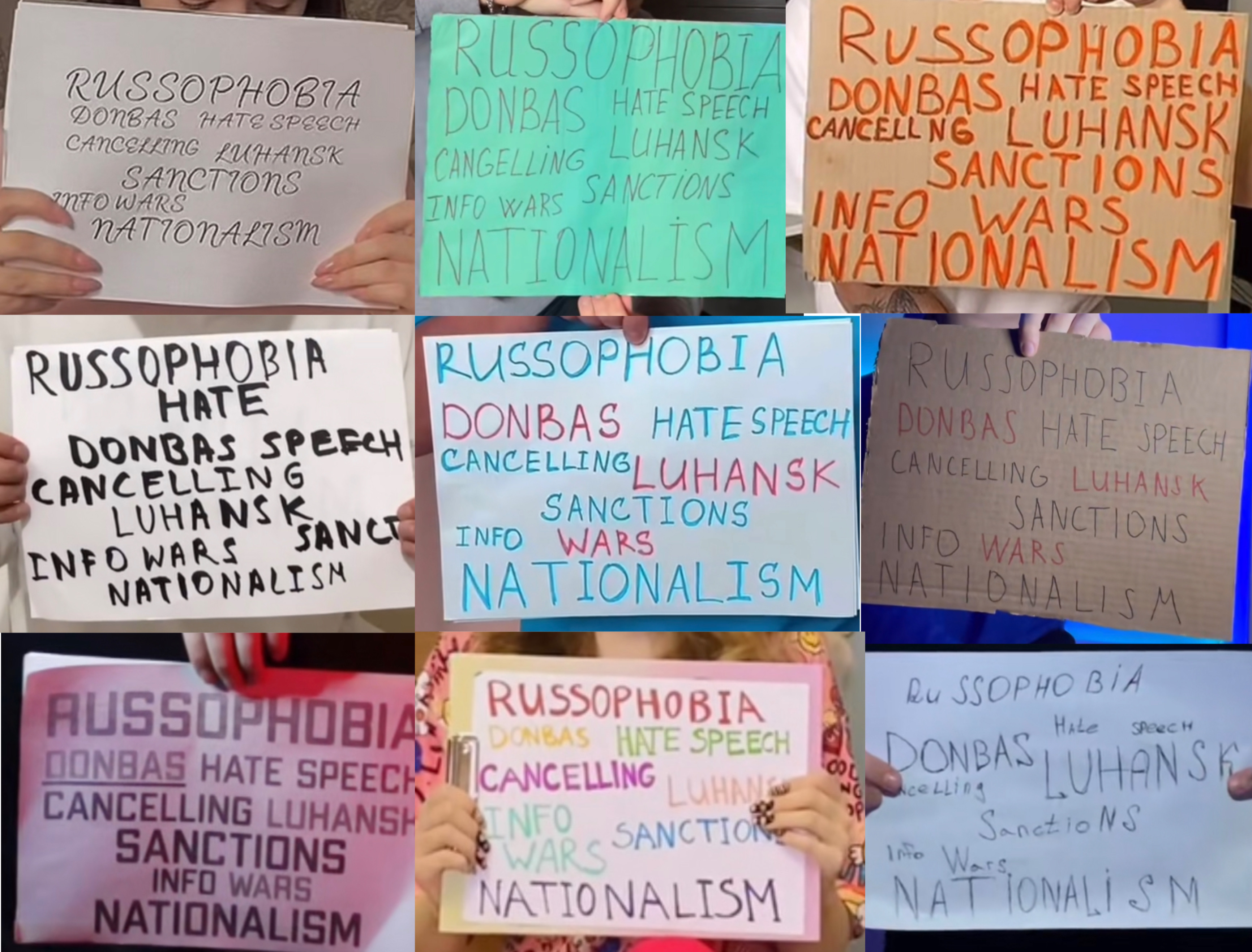 Russian influencers signs, featuring identical English-language issues regarding "Russophobia" 