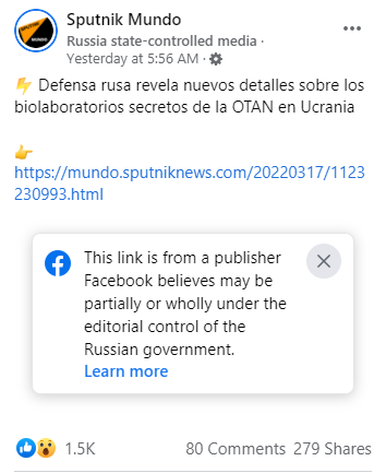 Sputnik Mundo amplifying biolab propaganda on Facebook