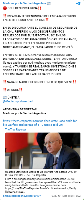 Spanish language Telegram post linking to fake news site The True Reporter