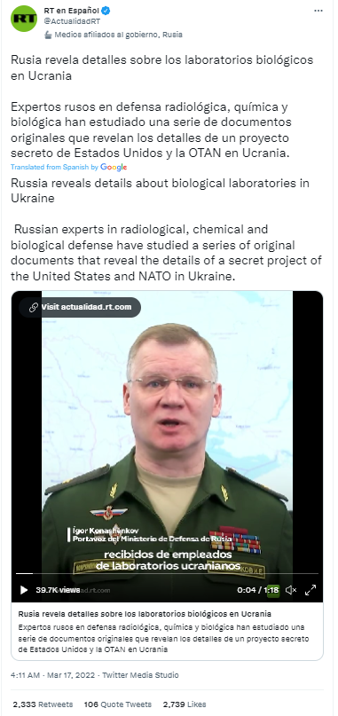 High engagement RT Español Tweet amplifying biolab Propaganda 