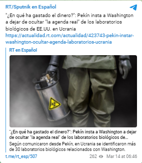 Spanish RT/Sputnik Telegram channel linking to Actualidad RT article