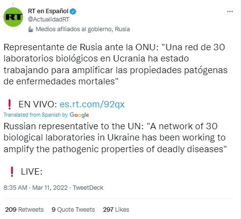 RT Español Tweet amplifying gain of function research claim regarding biolabs
