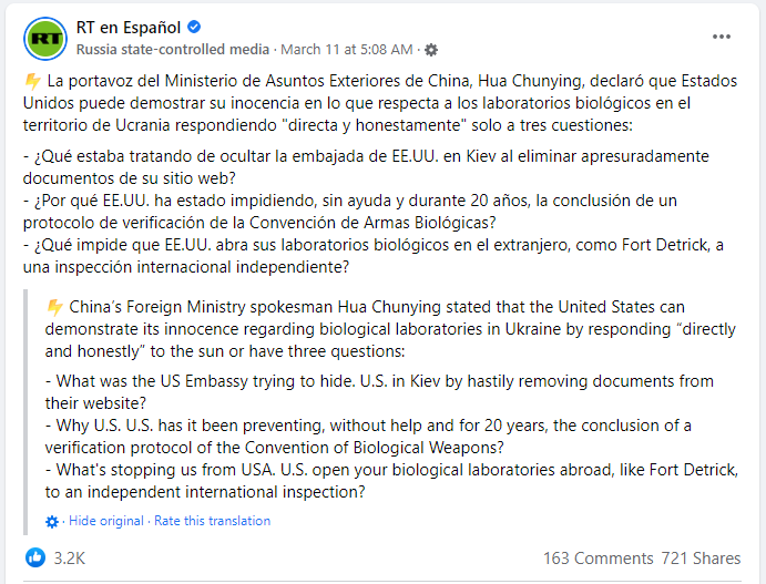 RT Español amplifying Chinese inquiries about U.S. ties to the biolabs on their Facebook page