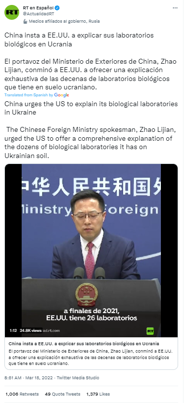 RT Español amplifying Chinese Foreign Ministry's inquiries about U.S. ties to the biolabs on their Twitter
