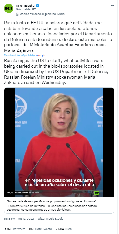 RT Español Tweet amplifying Russian foreign ministry's amplification of biolab propaganda