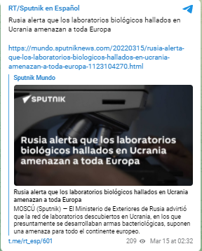 Spanish RT/Sputnik Telegram channel linking to Sputnik Mundo article