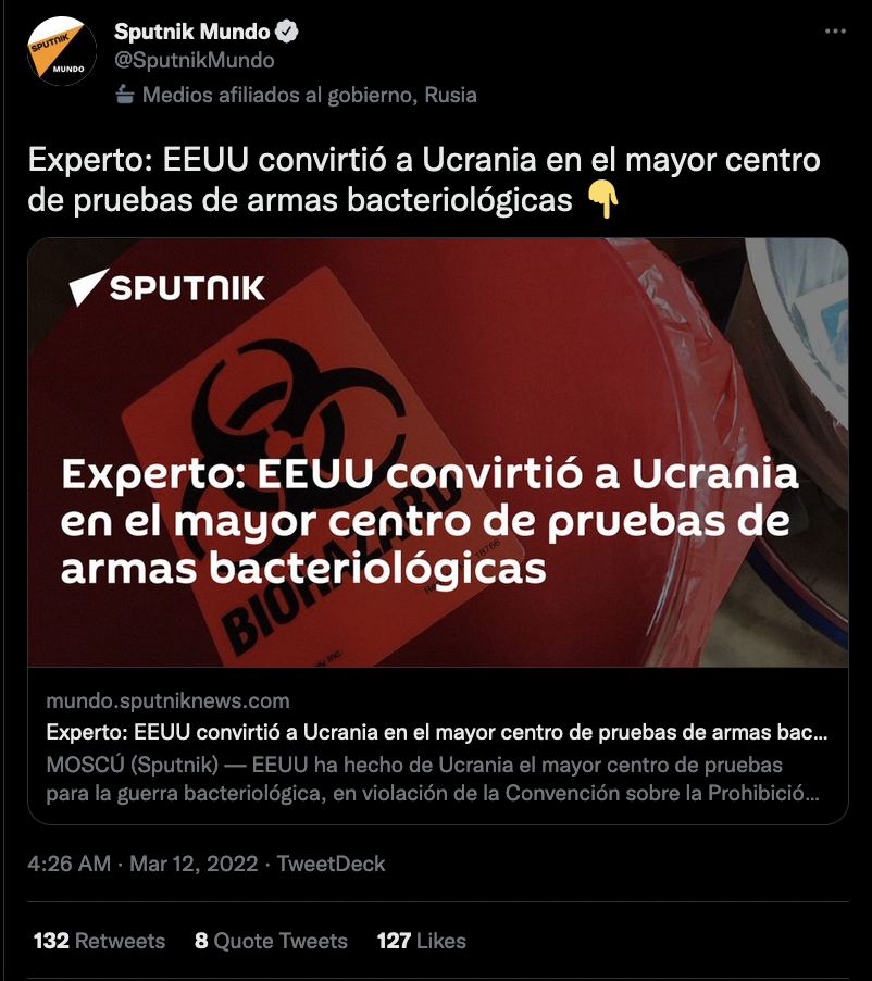 Sputnik Twitter post spreading biolab narrative 3/12/22