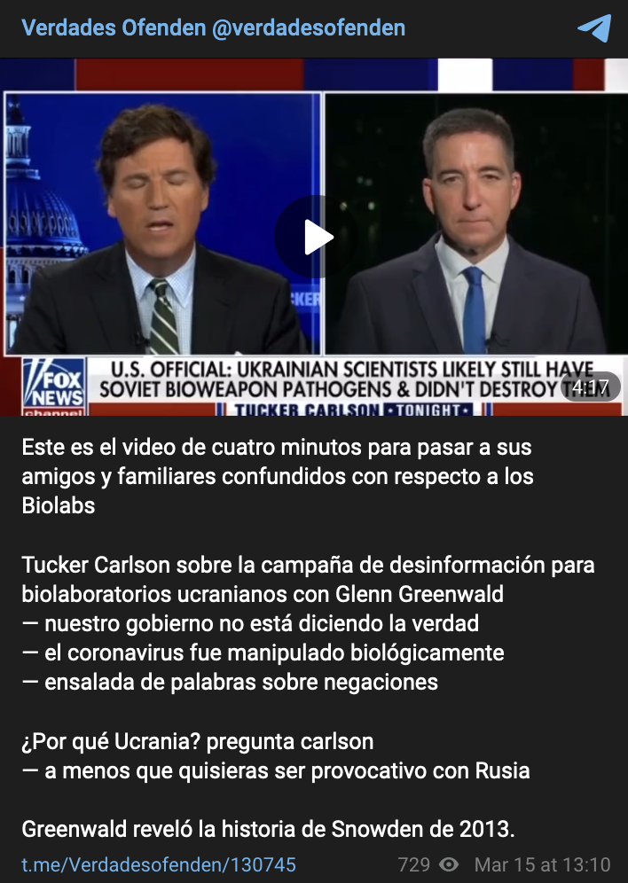 Telegram post translating Tucker Carlson on biolabs 3/15/22