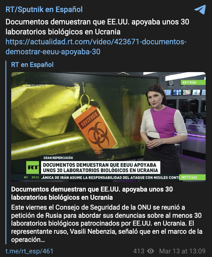 Telegram Post sharing Sputnik Mundo and RT en Español content 3/13/22