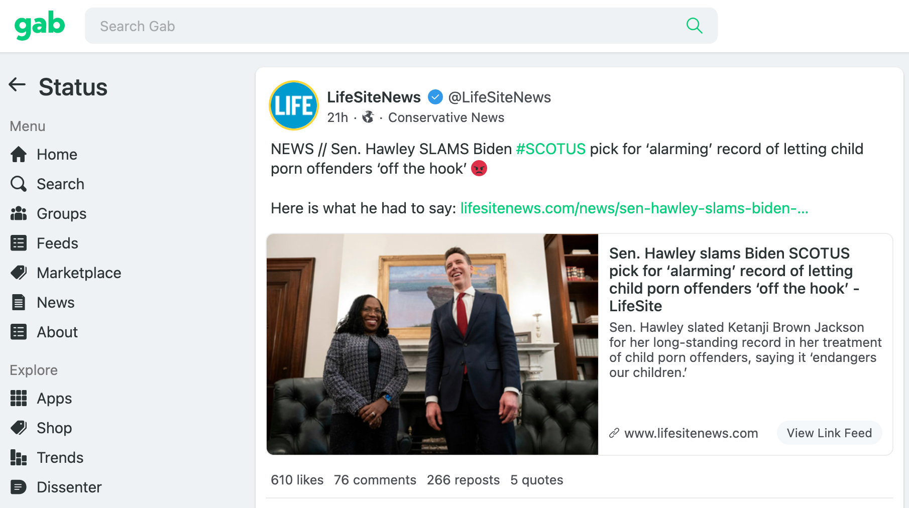 Screenshot of a Gab post by Life Site News about Judge KBJ