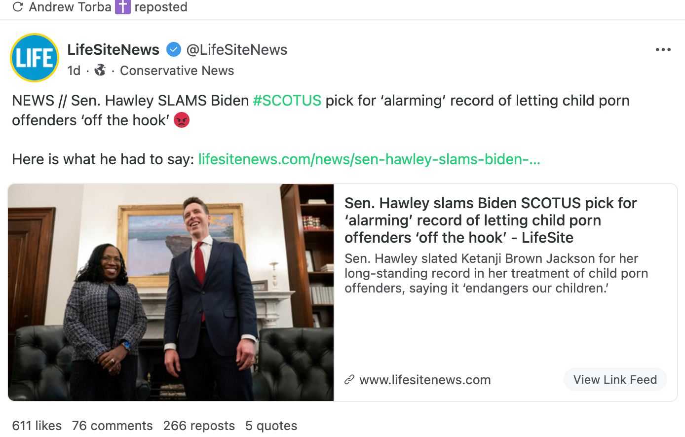 Life Site News Gab post indicating it was reposted by Andrew Torba