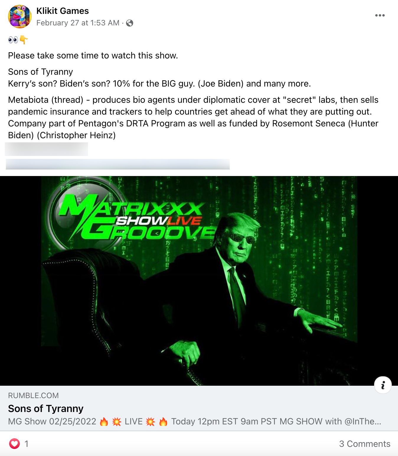 Facebook post Hunter biolabs