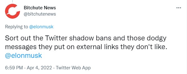 screenshot of tweet from BitChute's account