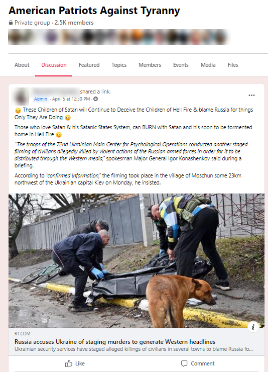 Facebook post claiming the events in Bucha are staged, linking to RT