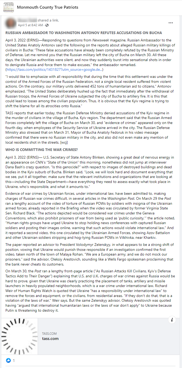 Facebook post claiming the events in Bucha are staged, linking to TASS