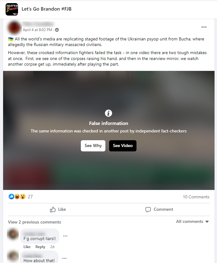 Post from private Facebook group claiming the atrocities in Bucha are staged, with flag from Facebook that this is false information