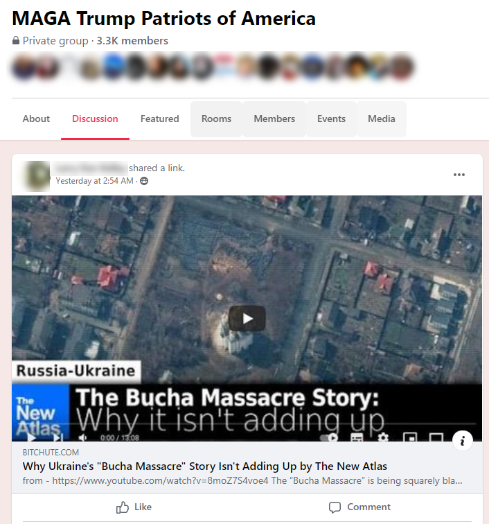 Facebook post expressing skepticism about Bucha